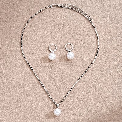 Colar E Brincos Femininos Conjunto Pérola Folheado A Prata