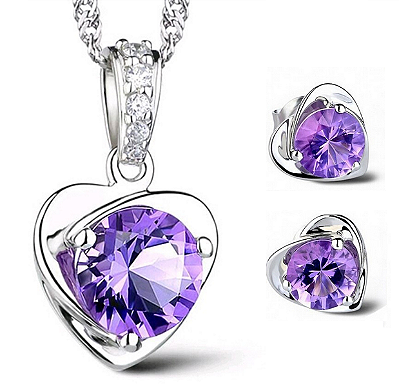 Colar Feminino Prata Folheado Ametista Pedra Roxa + Brincos