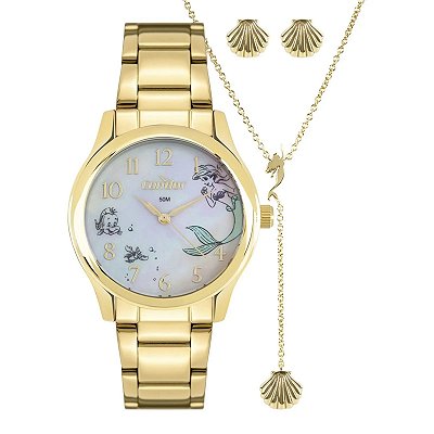 Kit Relógio Coleção Disney Pequena Sereia + Colar e Brincos