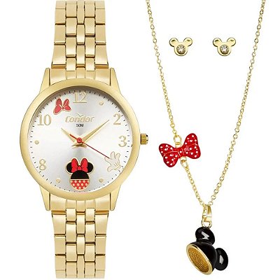 Kit Relógio Condor Dourado Feminino Disney Minnie Mouse Case