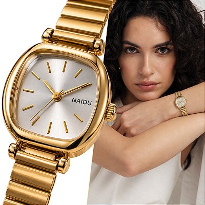 Relógio Feminino Dourado Analógico Quadrado Social Mini Inox