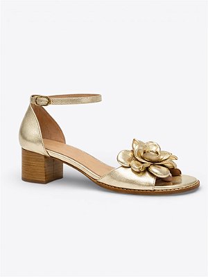 Sandália salto flor ouro