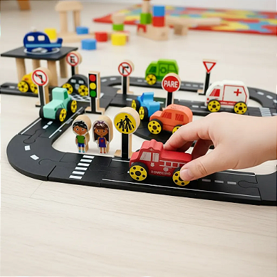 Brinquedo Pista Carrinho Infantil Educativo Madeira Cidade