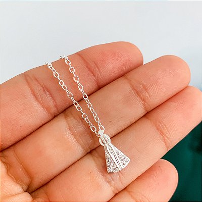 Cordão pingente N.S Aparecida cravejada banhado a prata