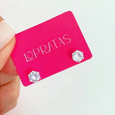 Brinco zircônia redonda grande cristal banhado a prata