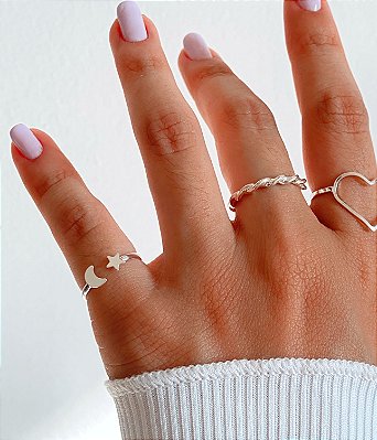 Anel falange lua e estrela banhado a prata