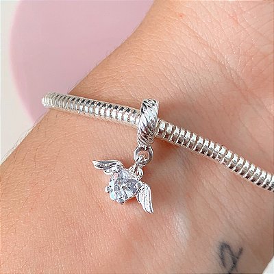 Berloque coração com asa banhado a prata