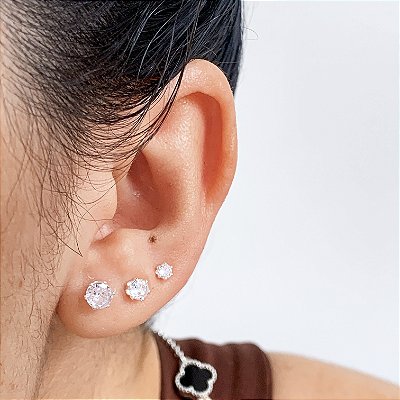 Trio de brincos ponto de luz zircônia banhado a prata