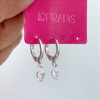 Argola click pingente ponto de luz coração banhado a prata