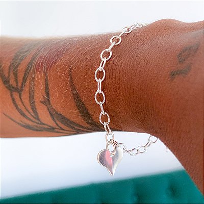 Pulseira elos pingente coração banhado a prata