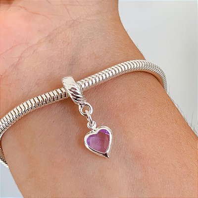 Berloque ponto de luz coração lavanda banhado a prata