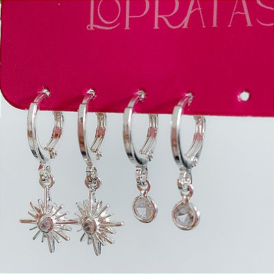 Kit de argolas click pingentes estrela cadente banhado a prata