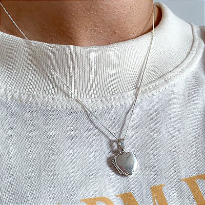 Cordão relicário coração liso 45cm prata 925