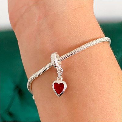 Berloque ponto de luz coração vermelho banhado a prata