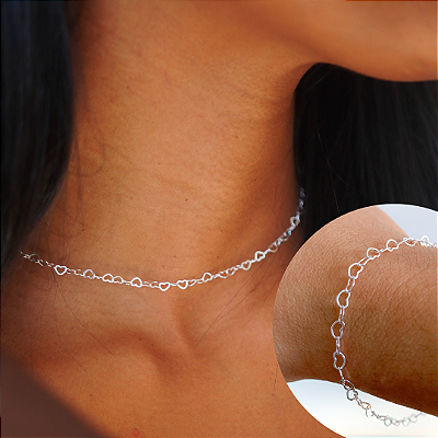 Conjunto corrente corações banhado a prata