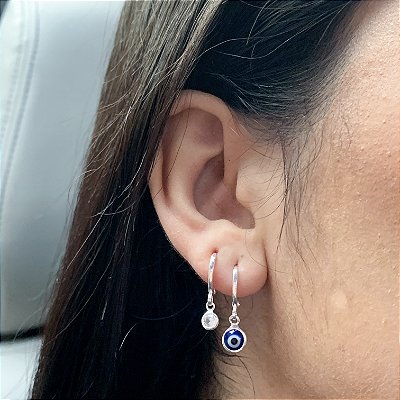 Kit de argolas click pingentes olho grego banhado a prata