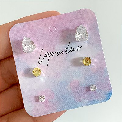 Trio de brincos zircônia gota Amarelo banhado a prata