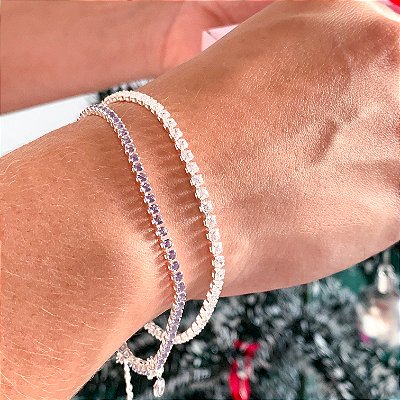 Pulseira luxo pedra zircônia lilás banhado a prata