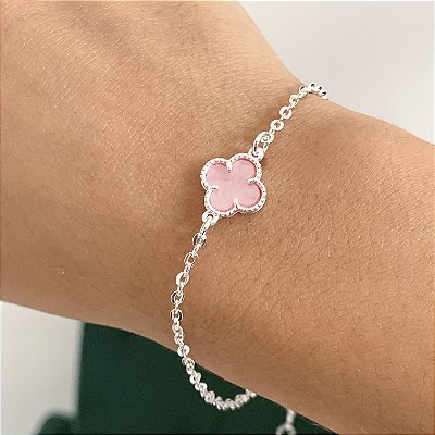 Pulseira Virginia trevo rosa banhado a prata
