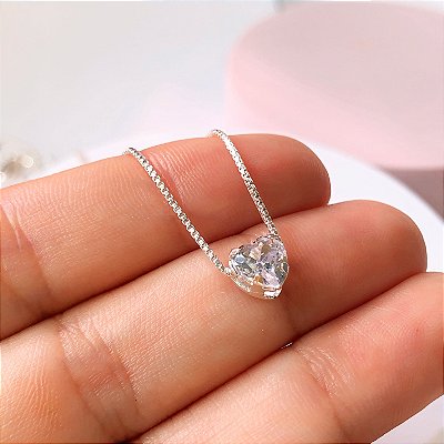 Cordão ponto de luz coração cristal banhado a prata