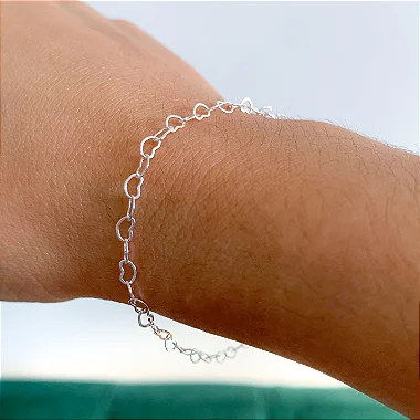 Pulseira corrente corações banhado a prata