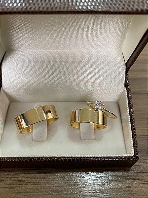 Combo Aliança de Casamento Banhada Ouro 24k Reta  6mm + Solitário Liso