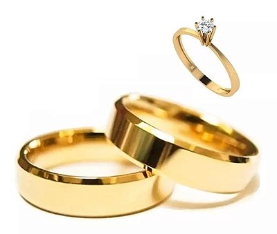 Combo Alianças  Chanfrada 6mm De Noivado e Casamento Douradas em Aço + Anel Solitário Liso ( 2 anos de garantia)
