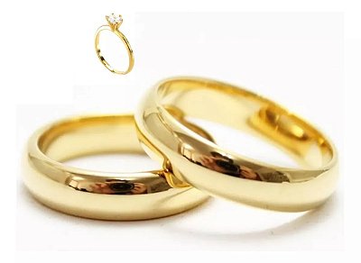 Combo Alianças  Tradicional 6mm De Noivado e Casamento Douradas em Aço + Anel Solitário Liso ( 2 anos de garantia)
