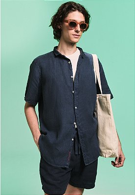 CAMISA LINHO STONE NAVY MANGA CURTA