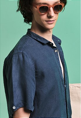 CAMISA LINHO STONE NAVY MANGA CURTA