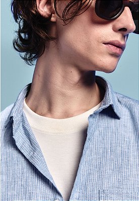 CAMISA LINHO LISTRA CÉU MANGA CURTA