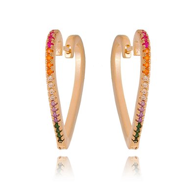 ARGOLA MÉDIA FOLHEADA A OURO 18K CORAÇÃO COM ZIRCÔNIAS COLORIDAS