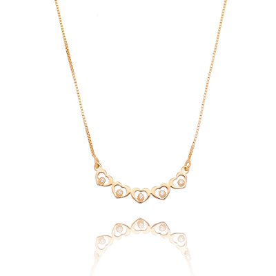 GARGANTILHA FOLHEADA A OURO 18K COM CORAÇÕES VAZADOS COM ZIRCÔNIAS