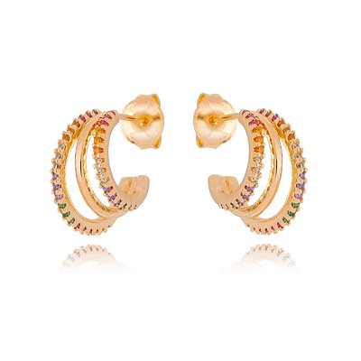 ARGOLA PEQUENA FOLHEADA A OURO 18K COM 3 AROS E ZIRCÔNIAS COLORIDAS