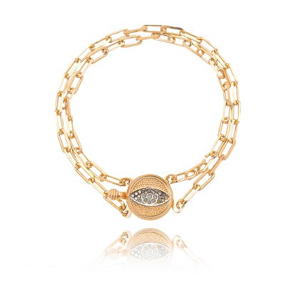 PULSEIRA DE OLHO GREGO COM DUAS CORRENTES FOLHEADA A OURO 18K ADULTO 18cm
