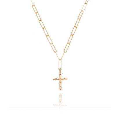 GARGANTILHA DE ELOS MAIORES COM CRUZ E ZIRCÔNIAS COLORIDAS FOLHEADA A OURO 18K