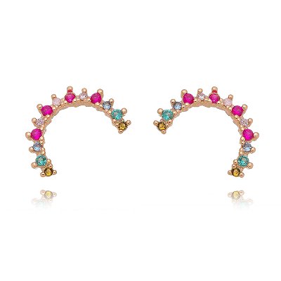 BRINCO CURVADO FOLHEADO A OURO 18K COM ZIRCÔNIAS COLORIDAS