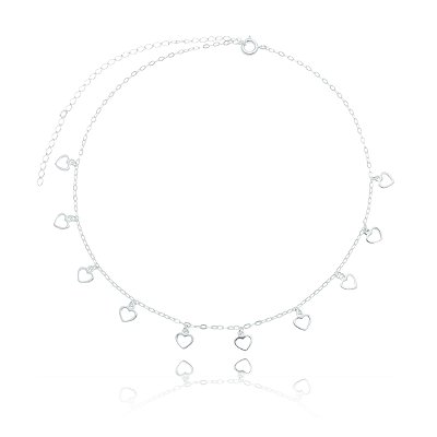 GARGANTILHA CHOKER DE PRATA COM CORAÇÕES PENDURADOS