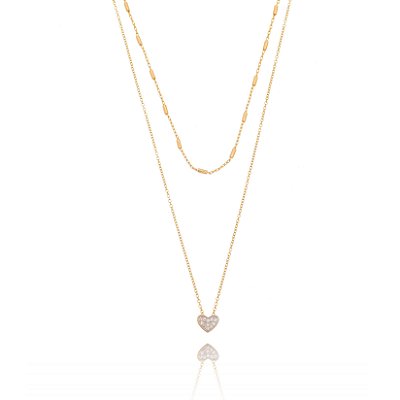 GARGANTILHA DUPLA FOLHEADA A OURO 18K COM CORRENTE GRUMET LISA E TRABALHADA E CORAÇÃO COM ZIRCÔNIAS