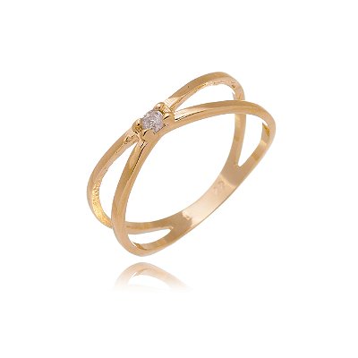 ANEL SOLITÁRIO FOLHEADO A OURO 18K COM ZIRCÔNIA E ARO DUPLO