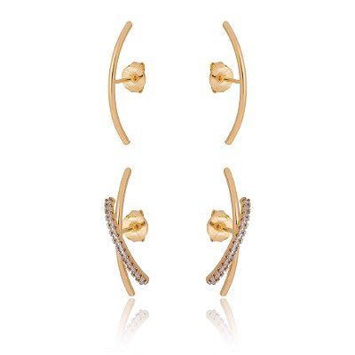 BRINCO DUPLO FOLHEADO A OURO 18K UM LISO E UM CRUZADO COM ZIRCÔNIAS