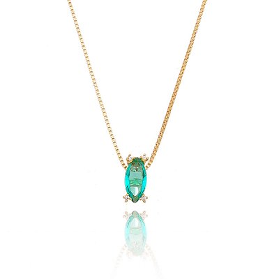 GARGANTILHA FOLHEADA A OURO 18K COM ZIRCÔNIA NAVETE TURMALINA E ZIRCÔNIAS MENORES