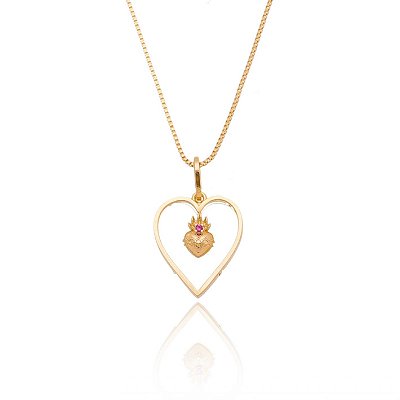 GARGANTILHA FOLHEADA A OURO 18K CORAÇÃO COM ACRÍLICO COM SAGRADO CORAÇÃO DE JESUS