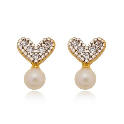 Brinco coração com ródio e pérola folheado a ouro 18k
