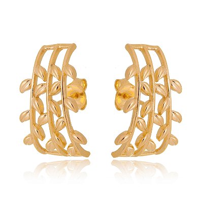 Brinco Ear Hook com folhas folheado a ouro 18k