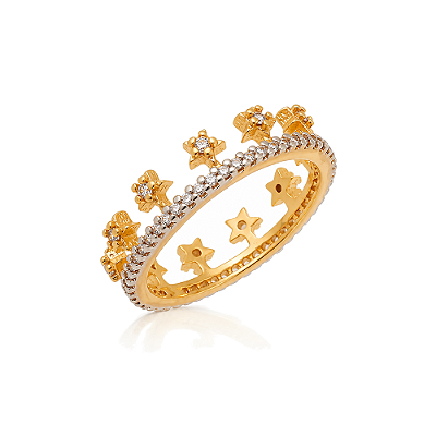 Anel coroa com estrelas folheado a ouro 18k