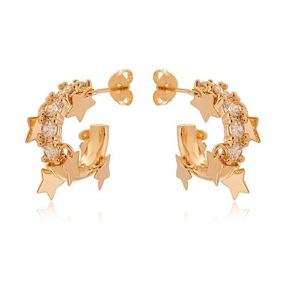 ARGOLA FOLHEADA A OURO 18K COM ESTRELAS PENDURADAS E ZIRCÔNIAS