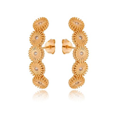 EAR HOOK FOLHEADO A OURO 18K FLORES COM ZIRCÔNIAS