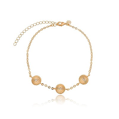 PULSEIRA FOLHEADA A OURO 18K FLORES COM ZIRCÔNIA 19cm