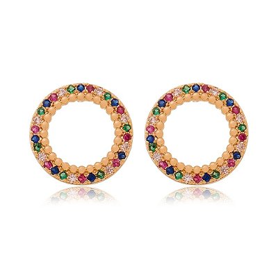 Brinco zircônias coloridas folheado a ouro 18k